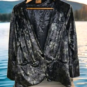 POL Women's Jacket Size M Black Velvet Green Floral Lace Balloon Sleeve